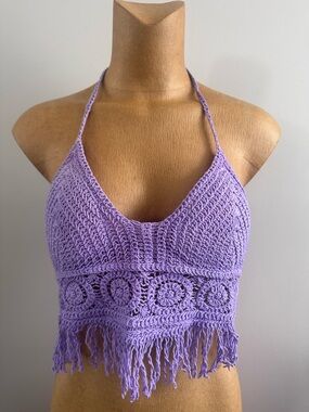 Lavender Crochet Halter Fringe Crop Top